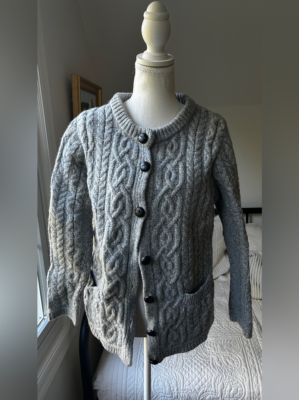 Saol Aran Merino Wool Classic Grey Cable Knit Cardigan Women's Sweater (READ)